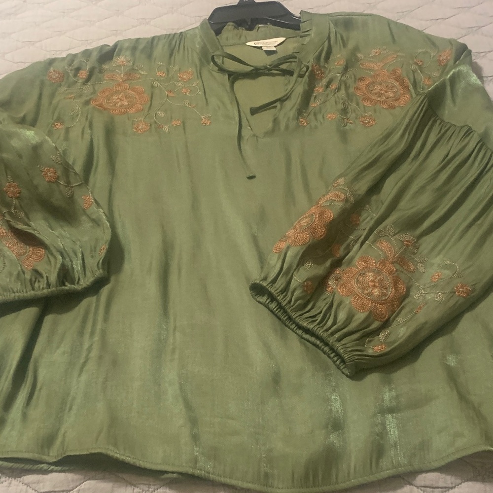 Cato Green Blouse with Orange Embroidery